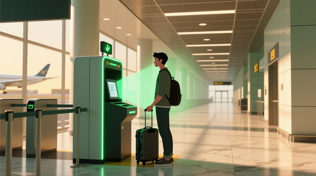 공항 출국장 전용 게이트 센서 앞에서 얼굴인증으로 신속하게 본인 확인을 마치는 승객(설명용 예시)
