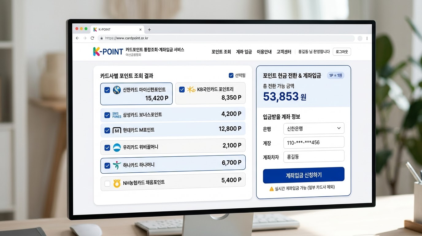 여신금융협회 카드포인트 통합조회 및 계좌입금 화면