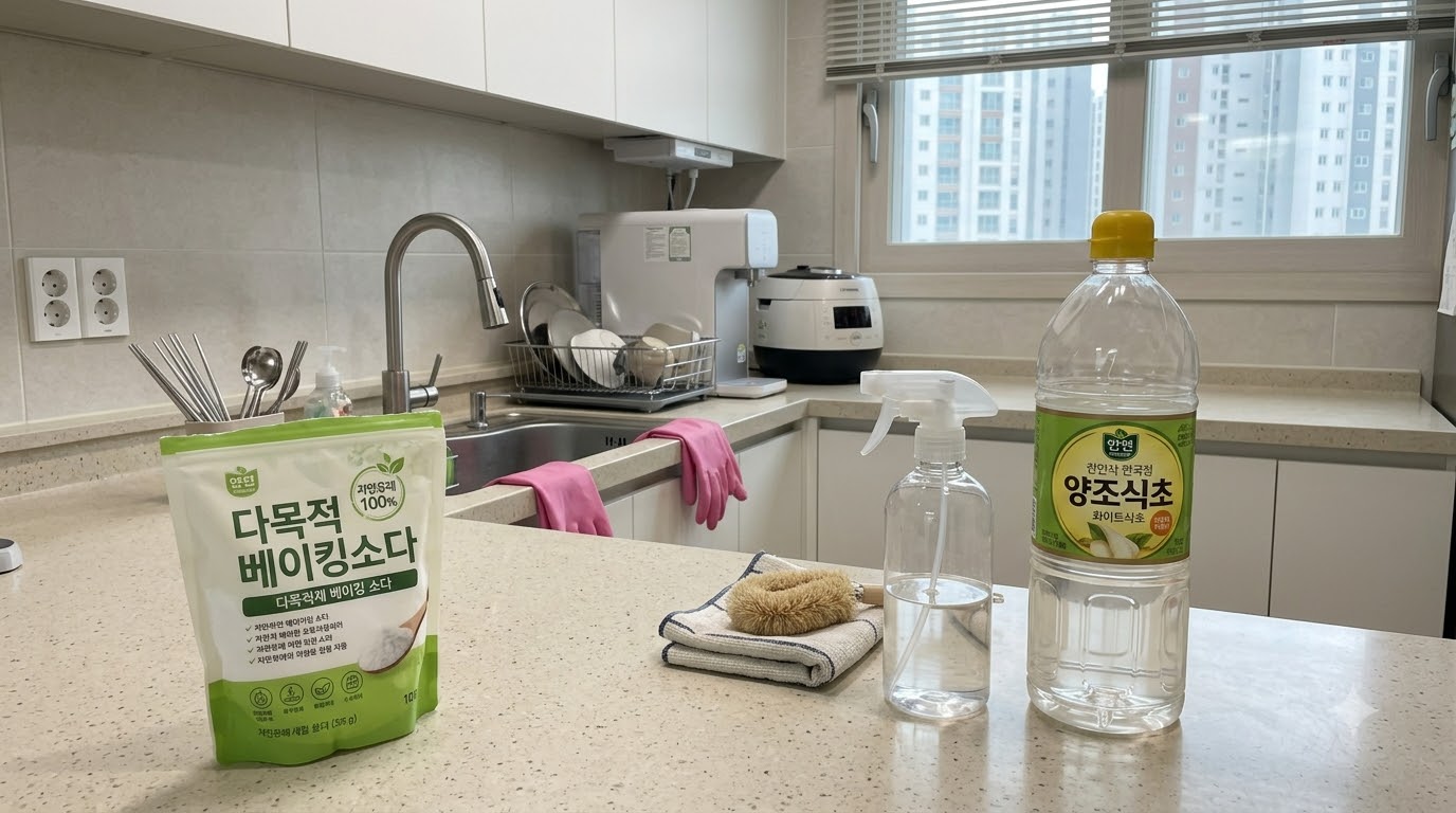 탄 냄비 바닥을 손상 없이 불려내는 천연 세정제 베이킹소다와 식초