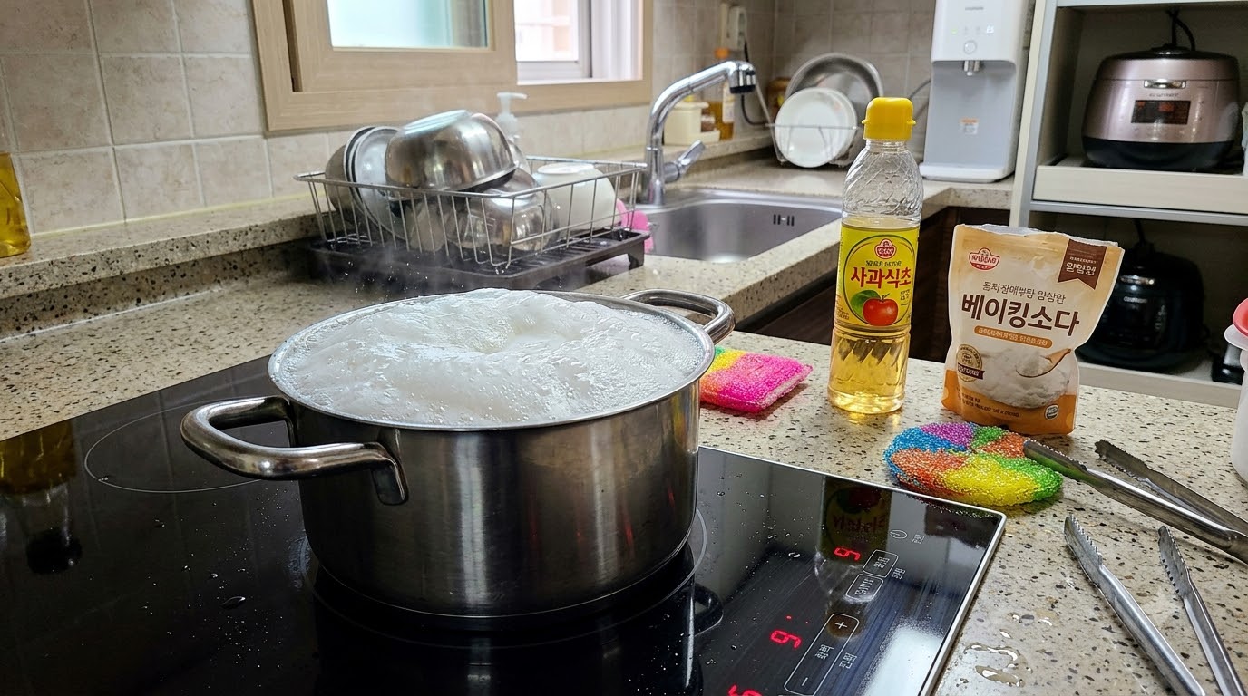 베이킹소다와 식초 혼합액을 끓이며 탄 찌꺼기가 스스로 분리되는 과정